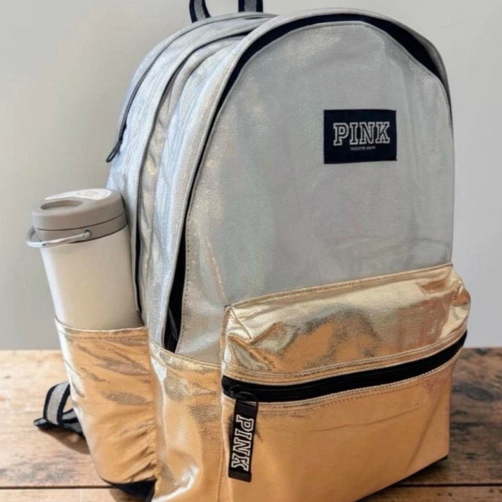 Victorias Secret PINK Campus Backpack Silver Gold MetallicLarge Bookbag RARE - Picture 8 of 8